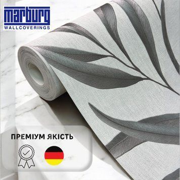 Шпалери Marburg вінілові флізелінові ширина 1.06 сіре листя для спальні, коридору, кухні, дитячої 1031901 фото